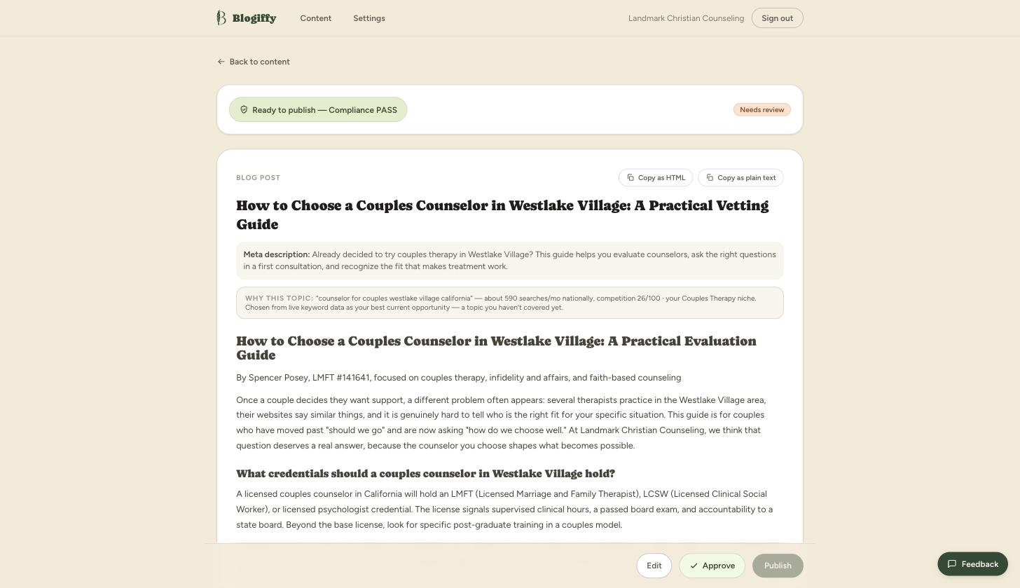 Therapy Blogs review screen: a drafted post with its compliance check passed, the search data behind the topic, copy buttons, and Edit, Approve, and Publish actions